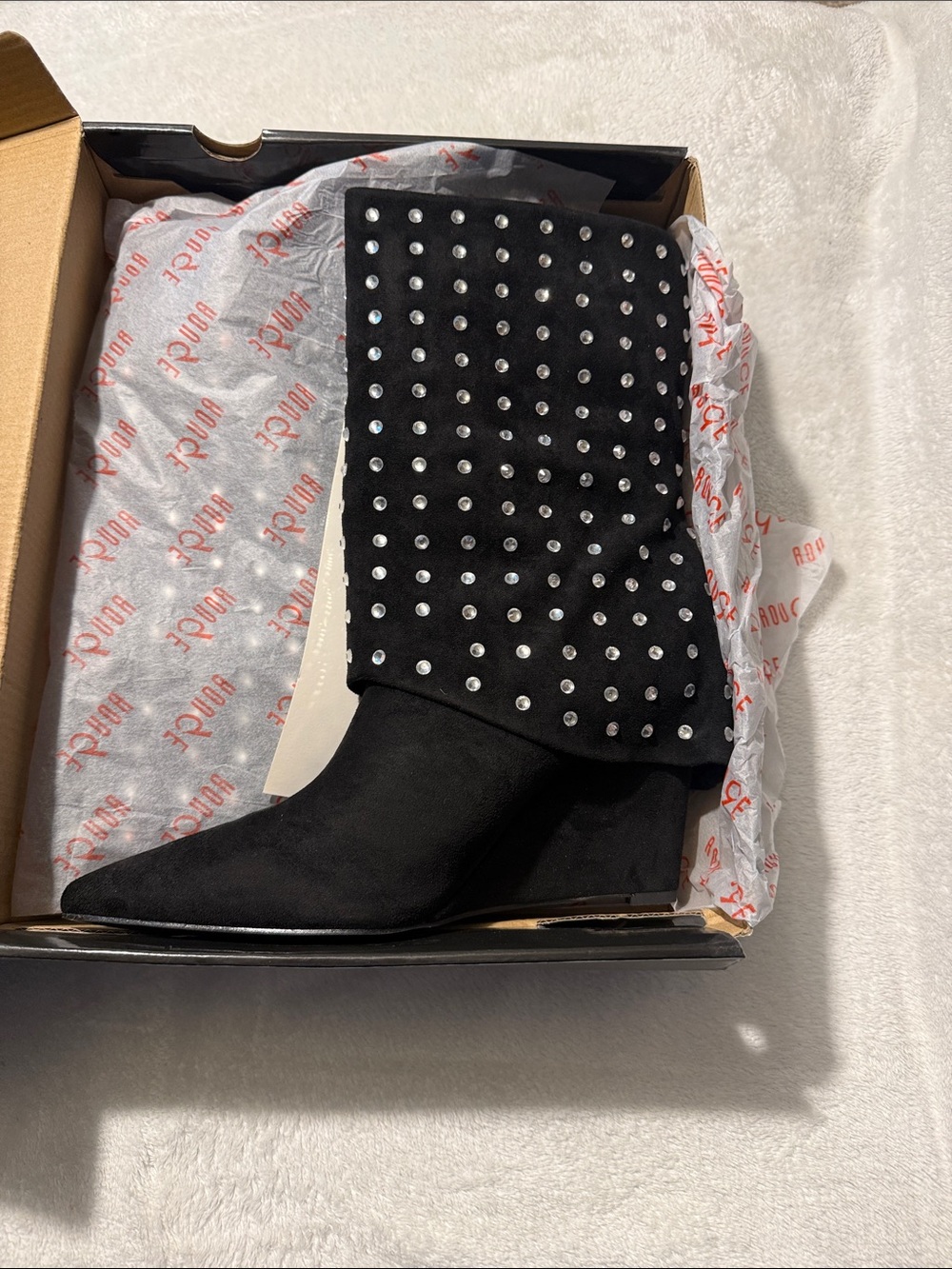 Studded Black Suede Mid-Calf Boots - Women's Fashion Boot